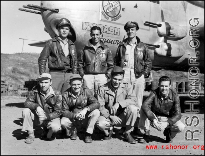 Aircrew members of the 491st Bomb Squadron pose for photo with the "Wabash Cannonball", a B-25H, at Yankgkai, Airbase, China, circa 1944.  Left to right; front row - S/Sgt Walter S. Faulkner (engineer-gunner), T/Sgt Ramond L. Koenig (radio), T/Sgt Kenneth E. Norris (radio), S/Sgt Leo J. Flanagan (armorer); rear - Capt. Paul L. Ley (pilot), Capt Frank O. Cullen (pilot), Lt. Howard R. Edelman (bombardier)  (Information courtesy of Tony Strotman)