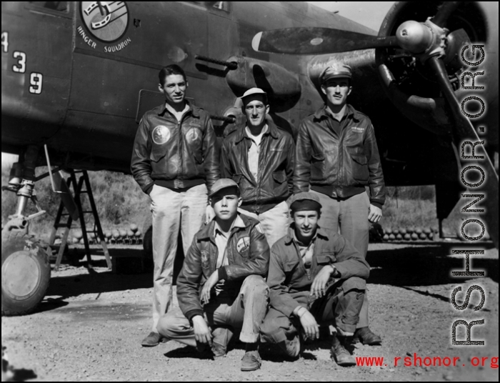 Posing with the B-25J #439, "Niagra\'s Belle", this air crew of the 491st Bomb Squadron includes (l-r, back) Capt. James E. Andrews (pilot), T/Sgt George A. Penny (flight engineer), Lt. Frank J. Belot (bombardier) and (l-r, front) T/Sgt John W. Schmidt (radio), S/Sgt David E. Williams (armorer-gunner). Photo was taken at Yangkai, China.  (Information provided by Tony Strotm