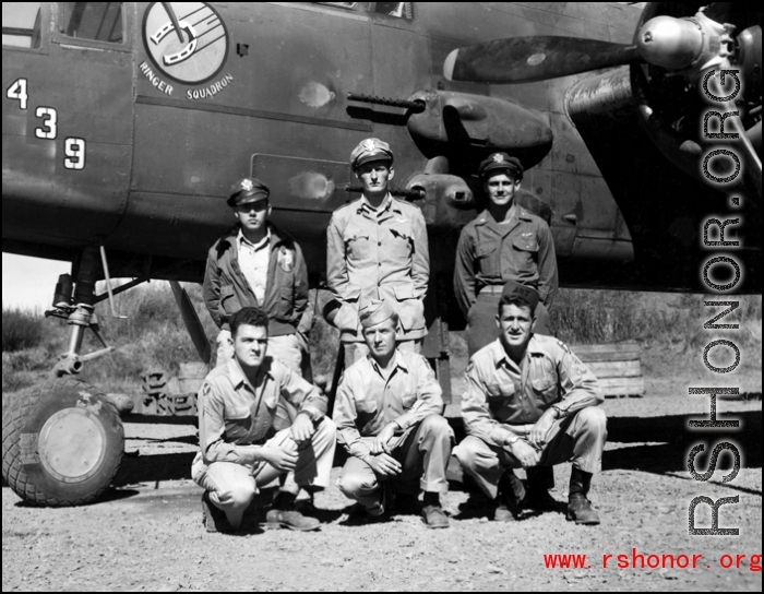 Aircrew poses  at Yangkai, China, beside the B-25J, #"439, of the 491st Bomb Squadron. In the rear are Lt. John Pillsbury (pilot), Lt. Charles H. Watts (p) and Lt. Thomas A. Jackson (navigator-bombardier). The enlisted members are S/Sg Arthur E. Workman (engineer), T/Sgt Robert W. Glaser (radio) and S/Sgt Jack M. Barnes (gunner).