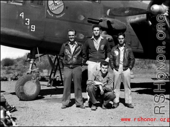 Some combat crewmen  of the 491st Bomb Squadron, with B-25J. #439, at Yangkai, China. They are Lt. Trent Biswell (pilot), Lt. Robert M. Blake (pilot), S/Sgt William J. Copeland (gunner) and S/Sgt Murray Bogel (gunner).