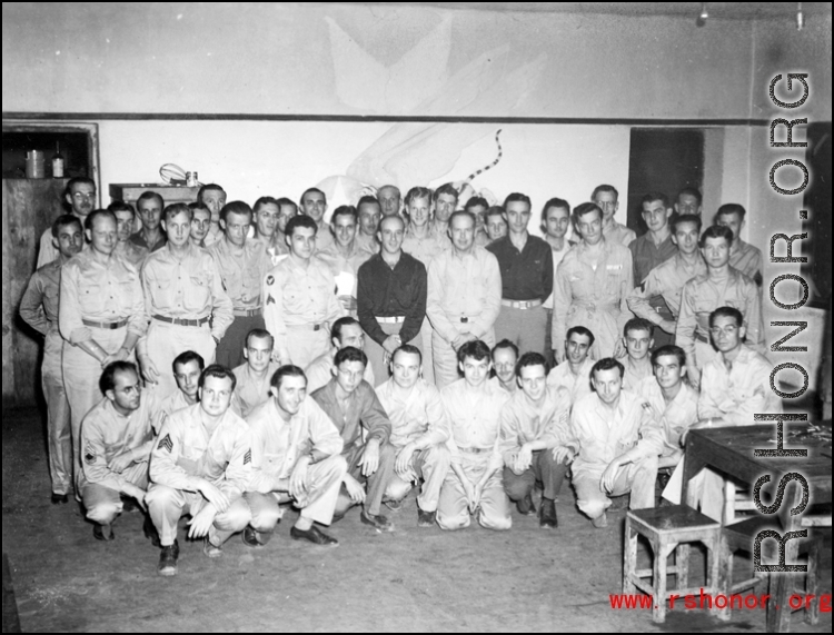 Personnel of  the 491st Bomb Squadron pose for a photo in the mess hall at Yangkai, China, in Oct 1944.  They were attending a 'farewell celebration' .  All of them had been in  the CBI  theater for  on/about  two  years and  were soon to return to the USA.  (Information from William Devries, deceased, provided by Tony Strotman)