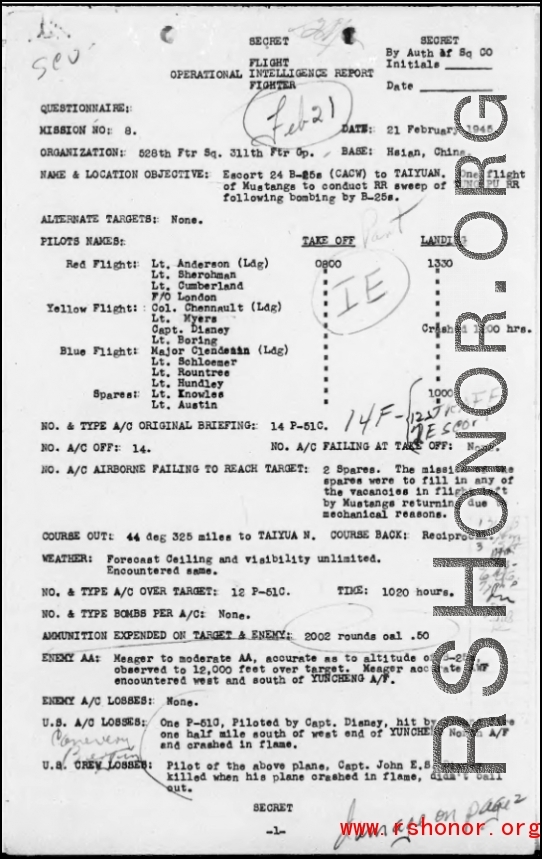 Page 1 of mission report #8, indicating the loss of John E. Disney, on February 21, 1945, near Yuncheng city, Shanxi province, China. (311th Fighter Group, 528th Fighter Squadron)