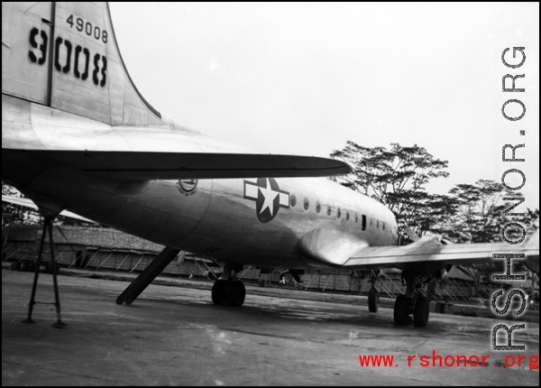 A C-54 transport in the CBI, tail number #49008.  From the collection of David Firman, 61st Air Service Group.