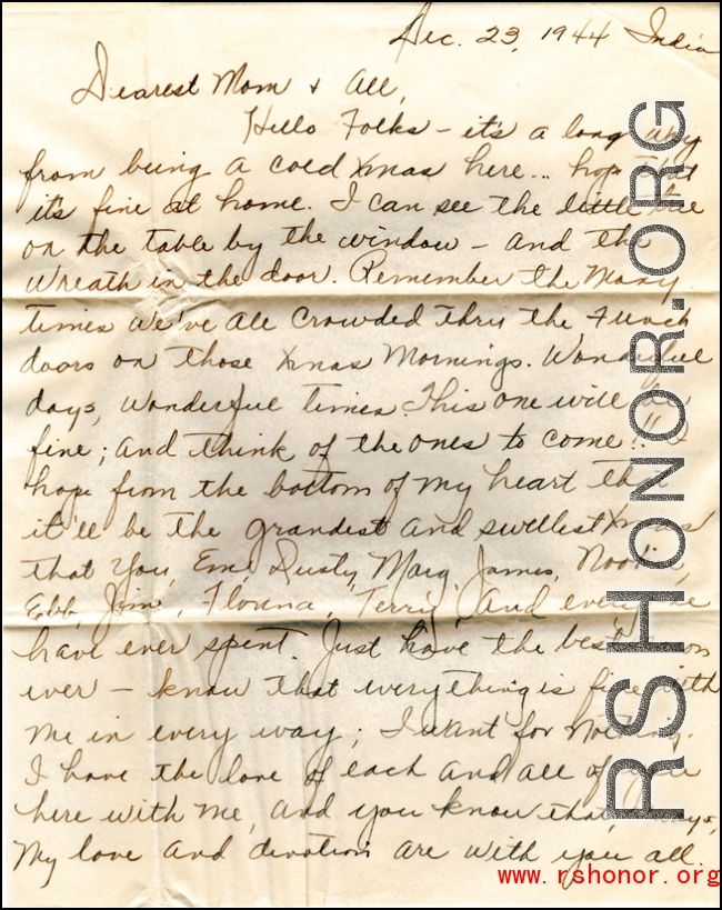 First page of a letter from Ernest W. Garner who was lost on a flight in China during 1945.