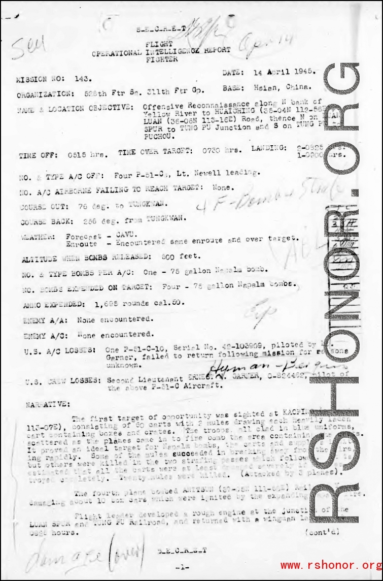 Page 1 of mission report #143 which mentions the loss Ernest W. Garner in China during 1945.