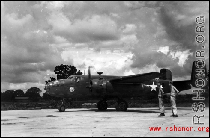 An American B-25D, #41-30387, at Yangkai, Yunnan province, in the CBI, with propellers turning.