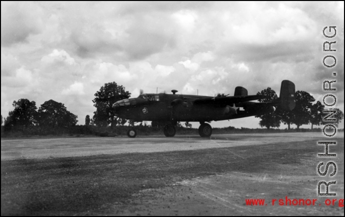 An American B-25D bomber, #41-30387, on the taxiway at Yangkai, Yunnan province, in the CBI.