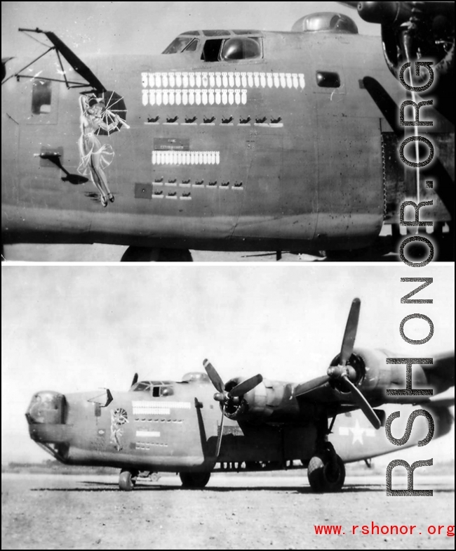 A B-24 bomber in the CBI, with a lady holding a parasol as  nose art. From the collection of James D. Vaughn, who was lost in the CBI in December of 1944.