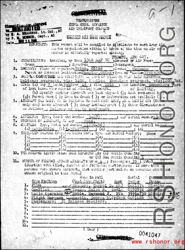Page 1 of Missing Air Crew Report (MACR) 12028 regarding the February 7, 1945 crash of a C-47 with the loss of two American personnel and 35 Chinese personnel at Tian'e ("Tungloa"), Guangxi province.