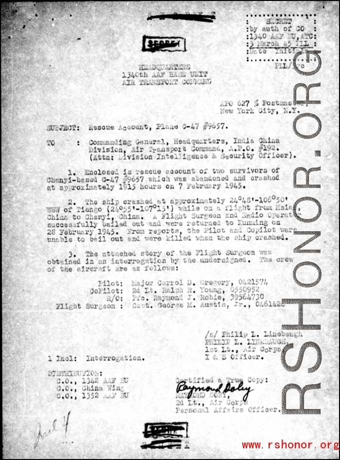 Page 3 of Missing Air Crew Report (MACR) 12028 regarding the February 7, 1945 crash of a C-47 with the loss of two American personnel and 35 Chinese personnel at Tian'e ("Tungloa"), Guangxi province.