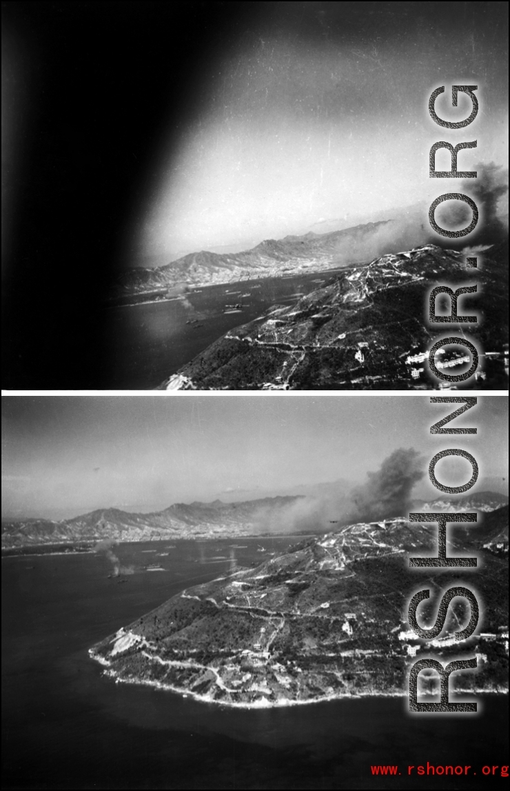 A bruised Hong Kong receding behind as the US plane carrying the photographer flies to the southwest, out to sea, after the attack.