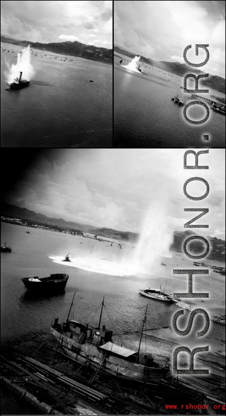 Bombs exploding near Japanese shipping during raid on Hong Kong. Images from bombing mission on Hong Kong, 491st Bomb Squadron.