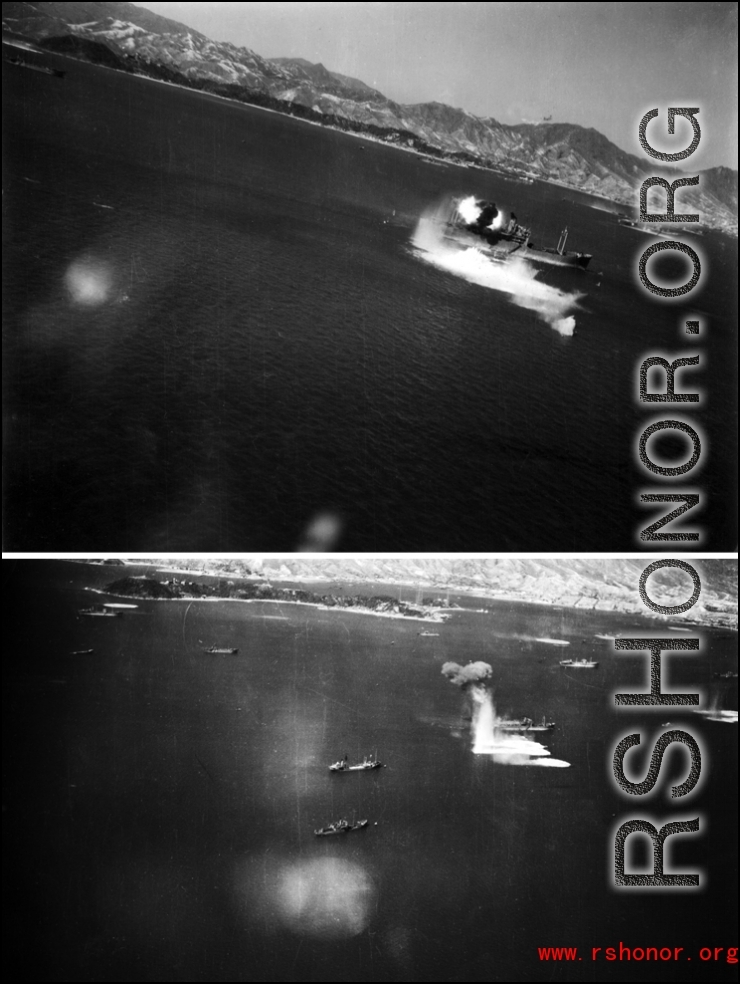 Two views of an attack on the same Japanese ship in Hong Kong harbor. These two images, in such close succession, tell us that there were at least two photographers on that mission.  One was T/Sgt Vollmer, tailgunner.  From the collection of Eugene T. Wozniak.  From a mission on Hong Kong, 491st Bomb Squadron. 