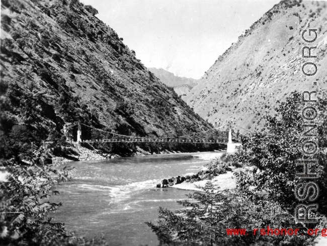 A bridge over the Salween river in Yunnan province, China, during WWII.
