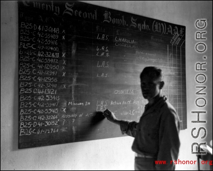 An unidentified individual at the aircraft status board for the 22nd Bombardment Squadron, at Chakulia Air Base, India.The photo was taken after August 3 and September 10, 1943.