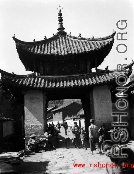 Architecture in Yunnan province, China: A village gateway, at Luliang. During WWII.