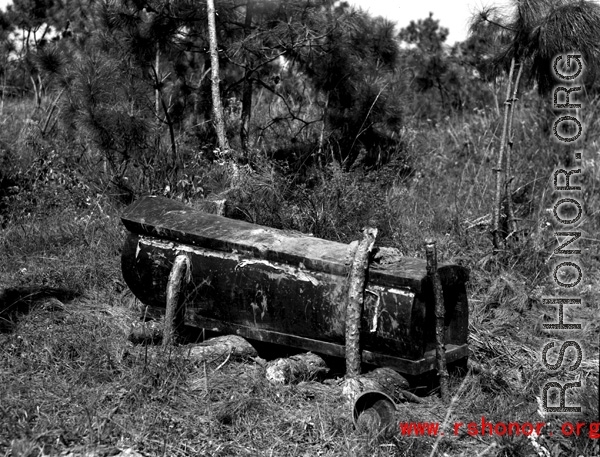A coffin in Yunnan province, China, during WWII.  From the collection of Eugene T. Wozniak.