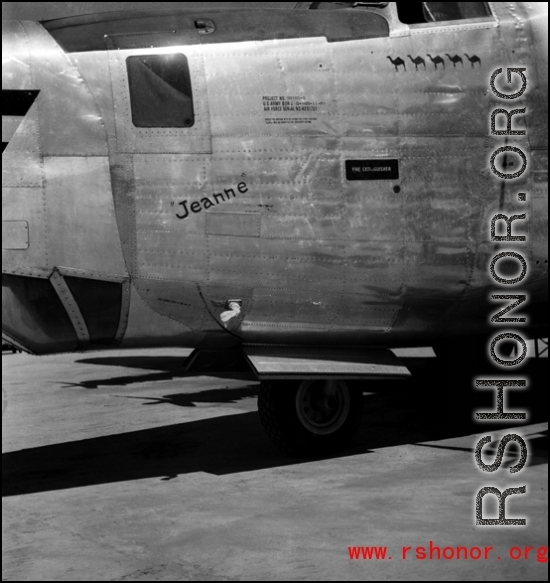 A C-109 based on the B-24 airframe named 'Jeanne' in the CBI during WWII. Serial #4251721. Five camels painted near pilot's window indicates five trips over the Hump.  From the collection of David Firman, 61st Air Service Group.