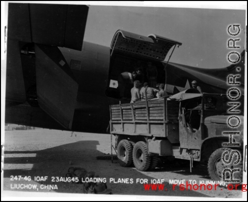 247-4G 10AF 23Aug45 loading planes for 10AF move to Kunming, Liuchow [Liuzhou], China, during WWII.