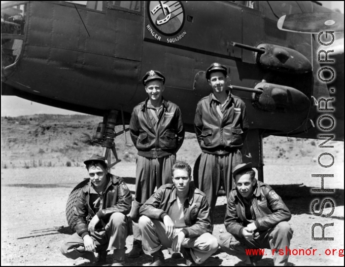 Crewmembers of the 491st Bombardment Squadron pose before a B-25J at Yangkai AB, China, probably taken in early 1944.  Front: T/Sgt Ronald W. Hirtle (radio), S/Sgt Chester R. Bigelow (?) (armorer), T/Sgt David E. Murphy (engineer)  Back:  Capt. George L. Velan (bombardier), Lt. Douglas H. Gassett (pilot)