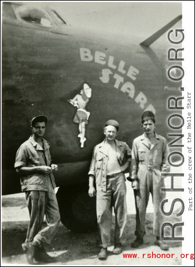 Part of crew pose before the B-24 "Belle Starr" in the CBI.
