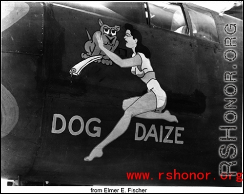 B-24 "Dog Daize" nose art somewhere in the CBI.  Submitted by Elmer E. Fischer.