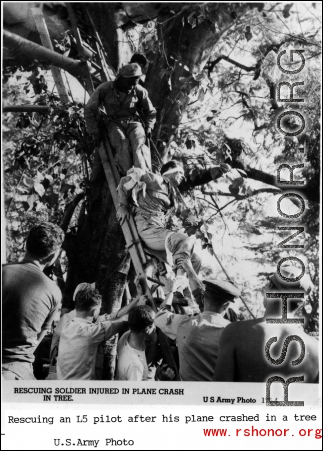 Rescuing the American pilot of an L-5 spotter plane after it crashed into a tree-top, during WWII in the CBI.
