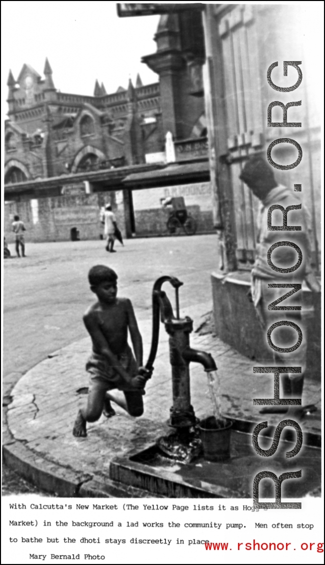 A public water well in front of Calcutta's New Market (Hogg's Market), during WWII.  Photo from Mary Bernald.