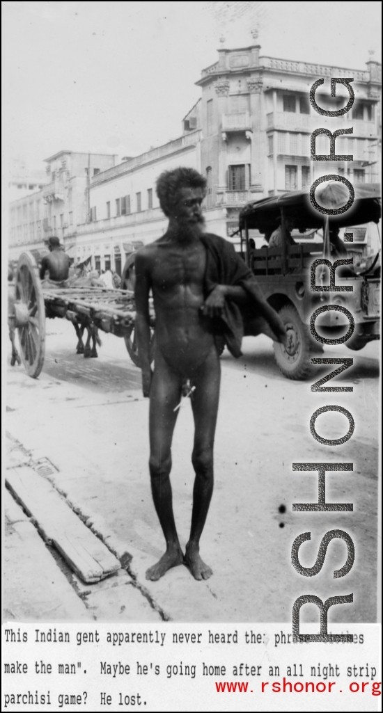 A nude man on the street in India during WWII.