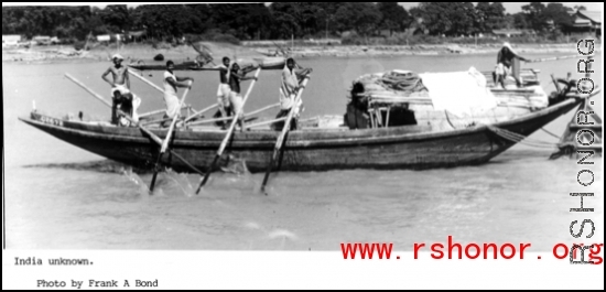 Boat on river in India during WWII. In the CBI.   Photo by Frank A. Bond.