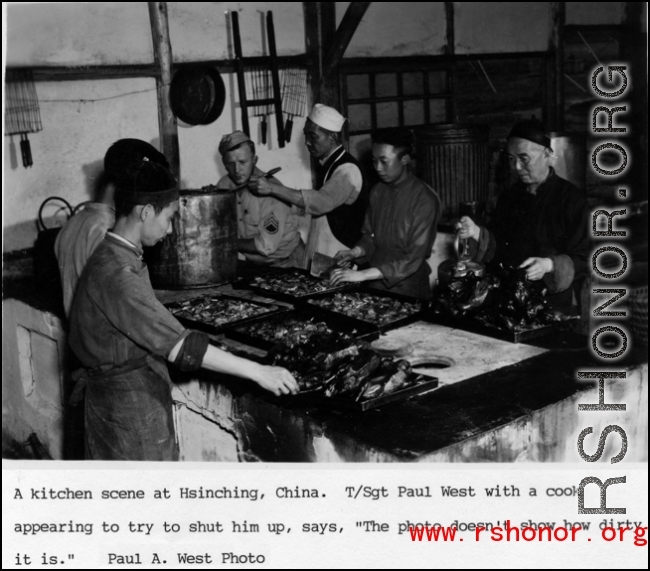 Kitchen at Hsinching, China during WWII. T/Sgt. Paul West with cook.  Photo from Paul A. West.
