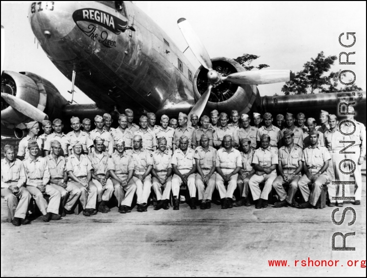 Officers of the 61st Air Service Group in Shamshernagar, India in August 1945, posing before the C-47 "Regina the Queen".  10 Army Air Force.