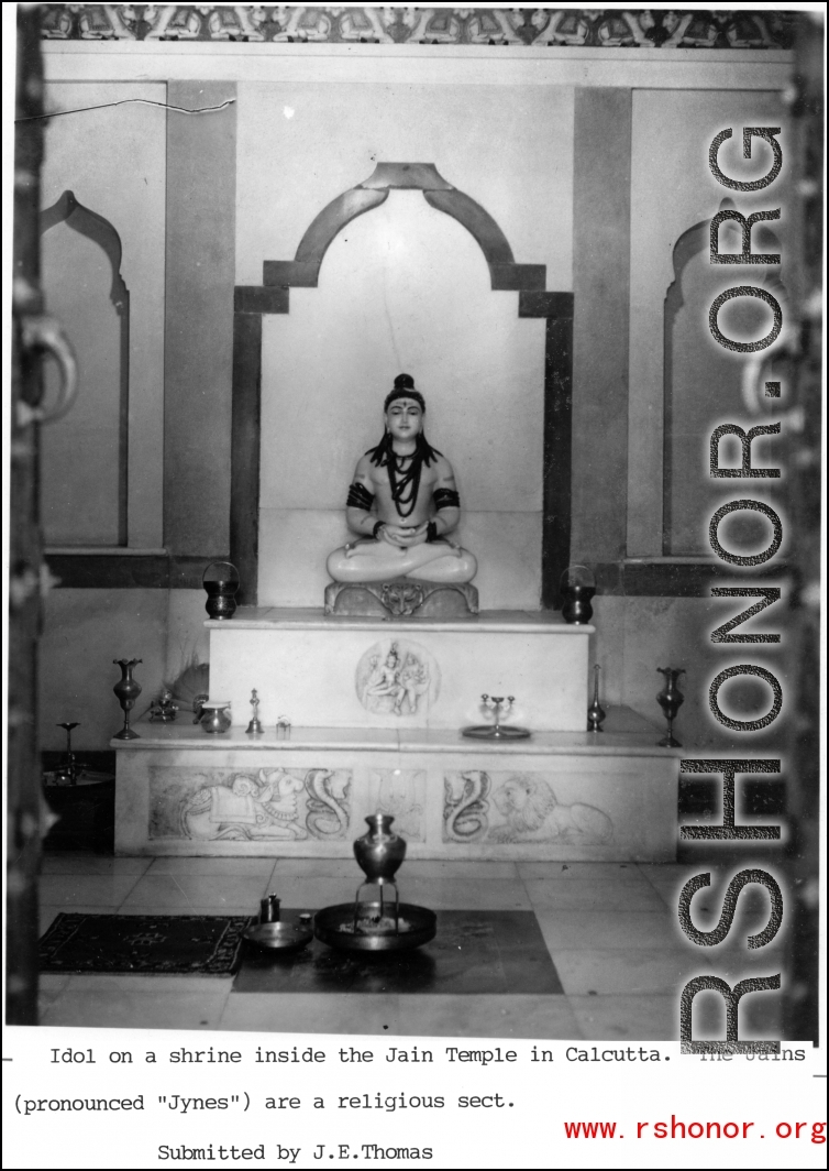 Statue of a deity in the Jain Temple, Calcutta, during WWII.  Photo from J. E. Thomas.