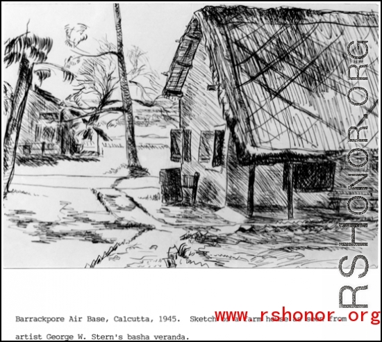 Sketch of Barrackpore Air Base, Calcutta, 1945. Sketch of farm house as seen from artist George W. Stern's basha veranda.