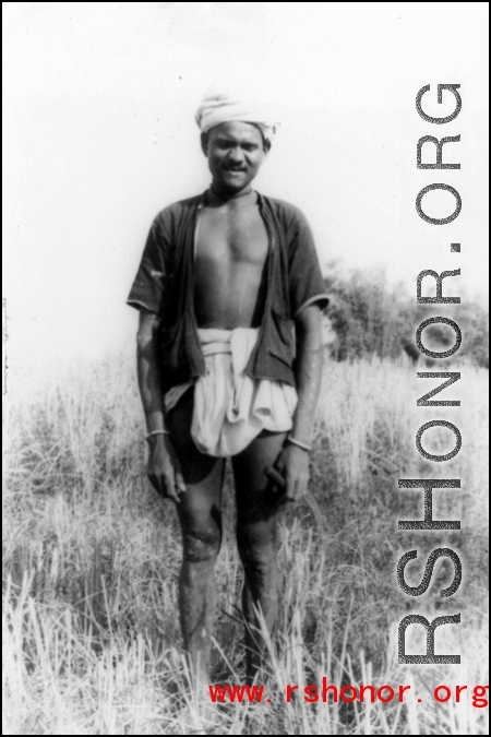 A man in rural India.  Images provided to Ex-CBI Roundup by "P. Noel" showing local people and scenes around Misamari, India.   In the CBI during WWII.