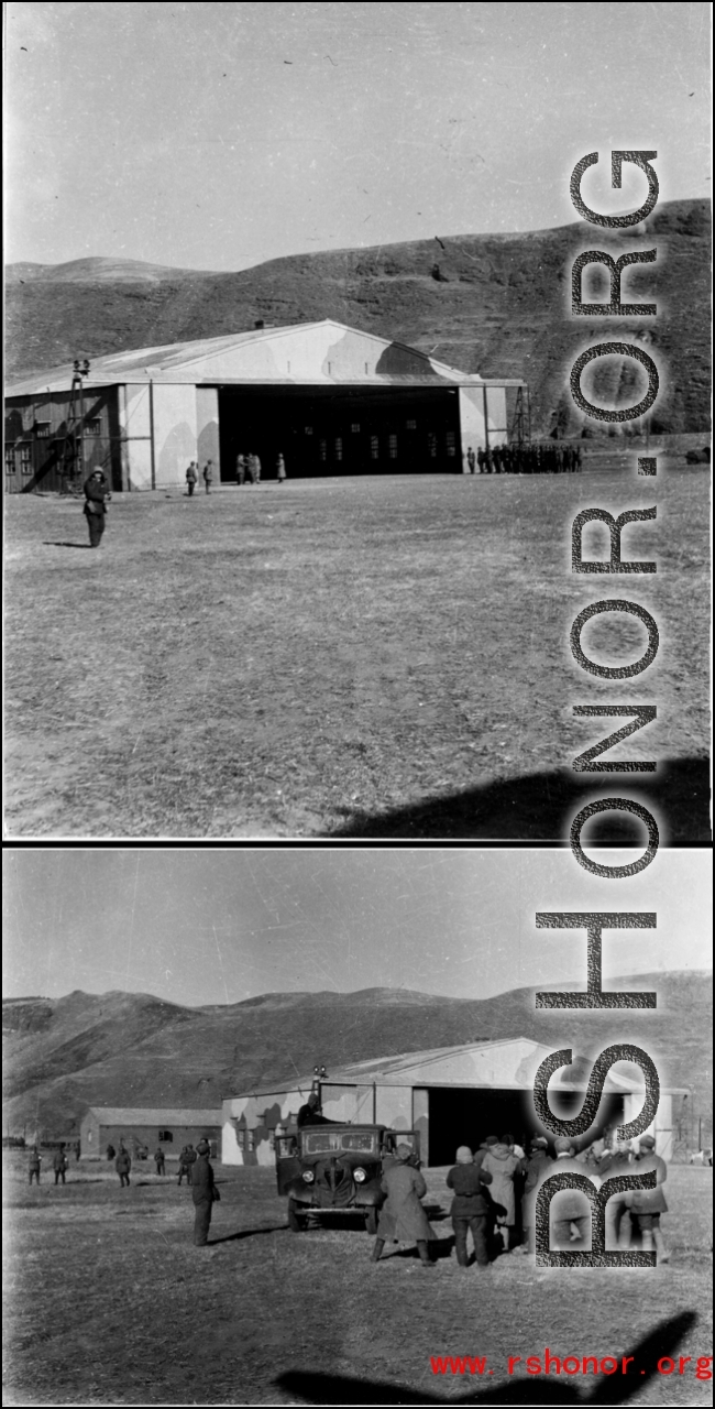 An aircraft hangar at an air base in northern China during WWII.