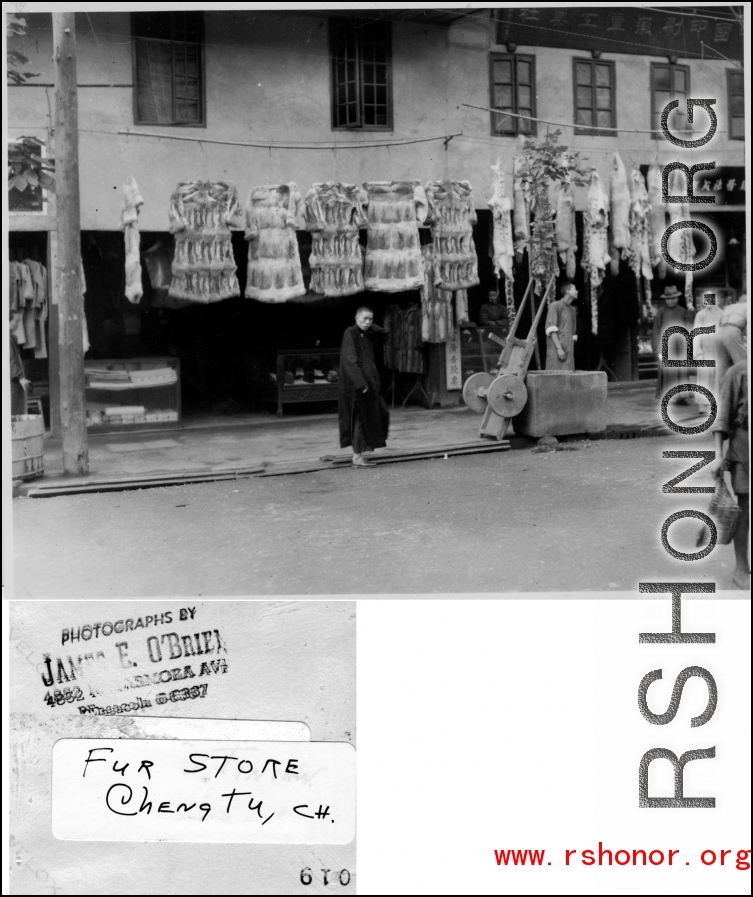 A fur store in Chengdu (Chengtu), China, during WWII.  Photo from James E. O'Brien.