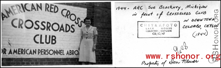 Sue Blackney  in front of the American Red Cross "Crossroads Club" in Colombo, Ceylon, 1944.  Photo from Don Kleiner.