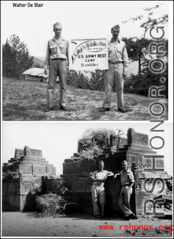Two GIs at U.S. Army rest camp at Ranikhet, and the same GIs in front of elaborate tomb. In the CBI during WWII.