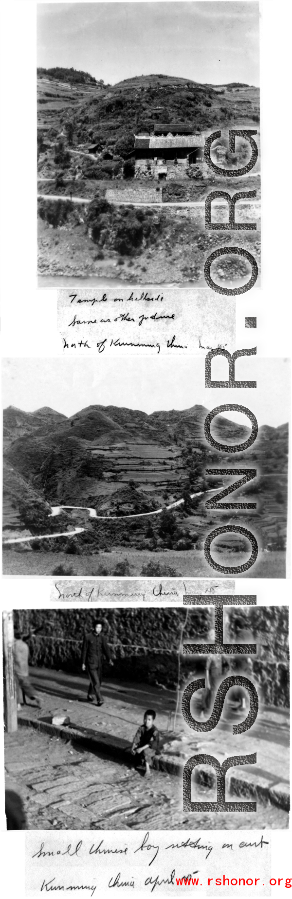 Scenes around Kunming: Rural road and temple, child, 1945.