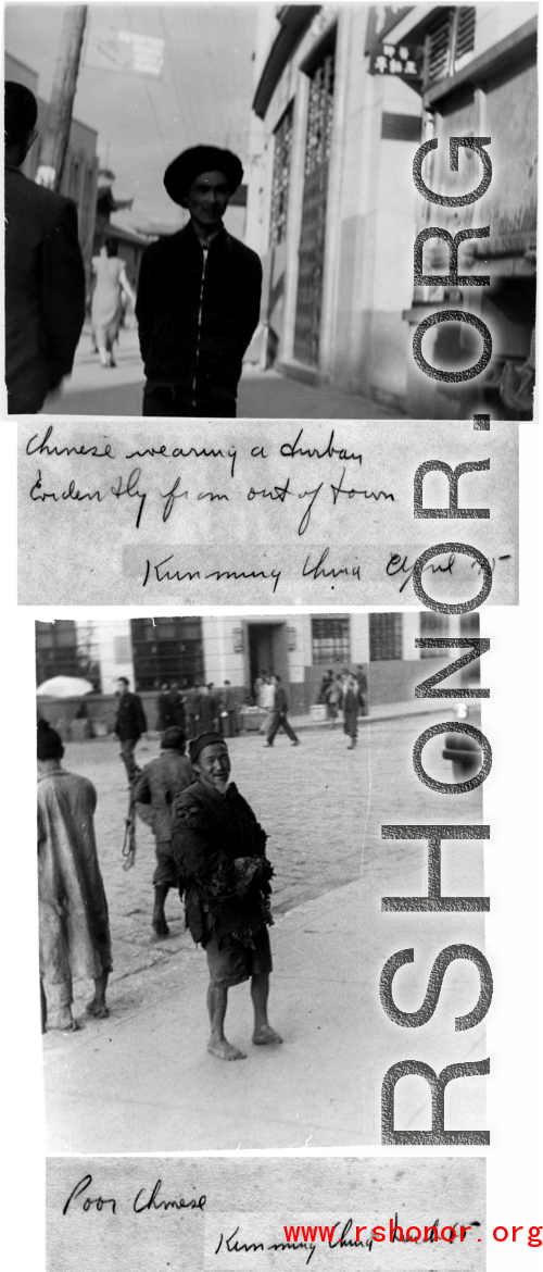 Chinese men on street in Kunming, China, during WWII, 1945.