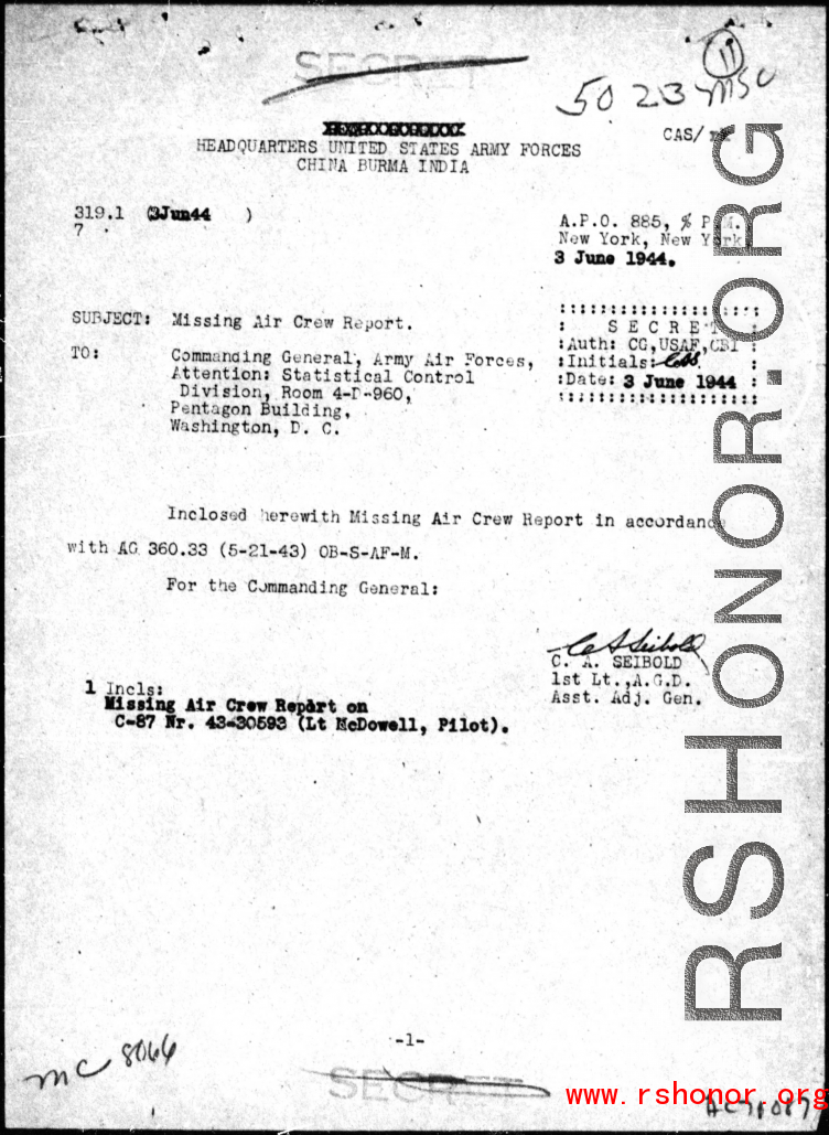 Page 1 of 3 Missing Air Crew Report (MACR) #5023 (three pages total), for a crew of four missing in Action (MIA) in the CBI during WWII, lost while on a flight from Jorhat, India, to Chengtu (Chengdu), China, on 15 May 1944, while flying in a C-87 (a variant of the B-24 airframe modified to carry cargo), as part of Air Transport Command (ATC).