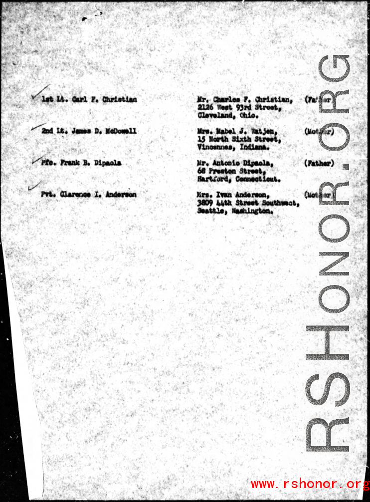 Page 3 of Missing Air Crew Report (MACR) #5023 (three pages total), for a crew of four missing in Action (MIA) in the CBI during WWII, lost while on a flight from Jorhat, India, to Chengtu (Chengdu), China, on 15 May 1944, while flying in a C-87 (a variant of the B-24 airframe modified to carry cargo), as part of Air Transport Command (ATC).
