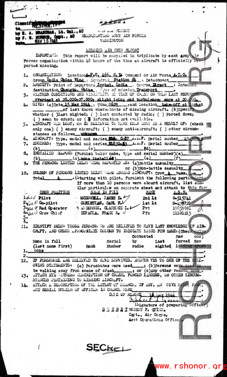 Page 2 of Missing Air Crew Report (MACR) #5023 (three pages total), for a crew of four missing in Action (MIA) in the CBI during WWII, lost while on a flight from Jorhat, India, to Chengtu (Chengdu), China, on 15 May 1944, while flying in a C-87 (a variant of the B-24 airframe modified to carry cargo), as part of Air Transport Command (ATC).