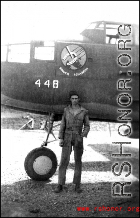 Frank Willard Bates with B-25 #448, at Yangkai, about June 1944. During WWII.  From the collection of Frank Bates.