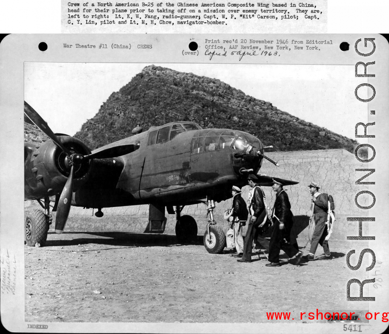 A CACW B-25 crew walks to their bomber at a location in southern China, most likely Guangxi province, readying for a mission. They are:  Lt. K. W. Fang  Capt. W. P. "Kit" Carson,  Capt. C. Y. Lin  Lt. M. H. Chow