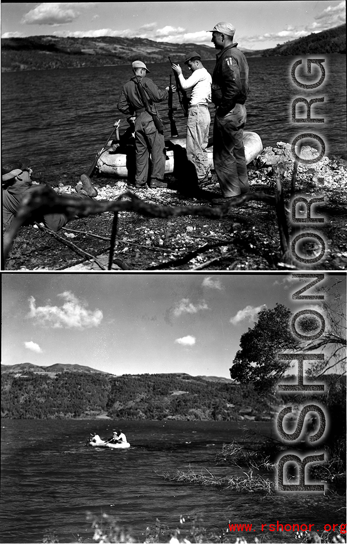 In these two images the men go out on an inflatable boat into the lake, and despite taking rifles with them, are clearly in a very relaxed mood.