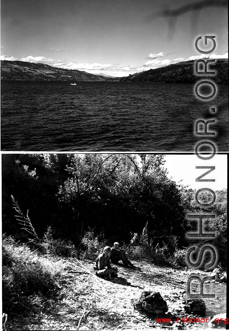 In the top image a small inflatable raft can be seen in the distance, and in the lower image, men wait on the shore of the lake.