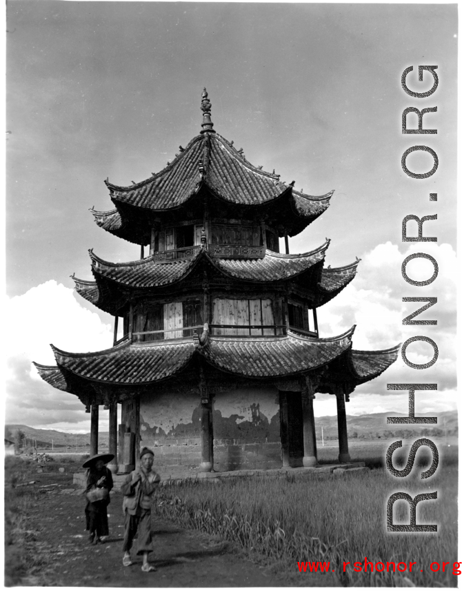 A pavilion in Songming county, near rice paddies, in Songming country. During WWII.