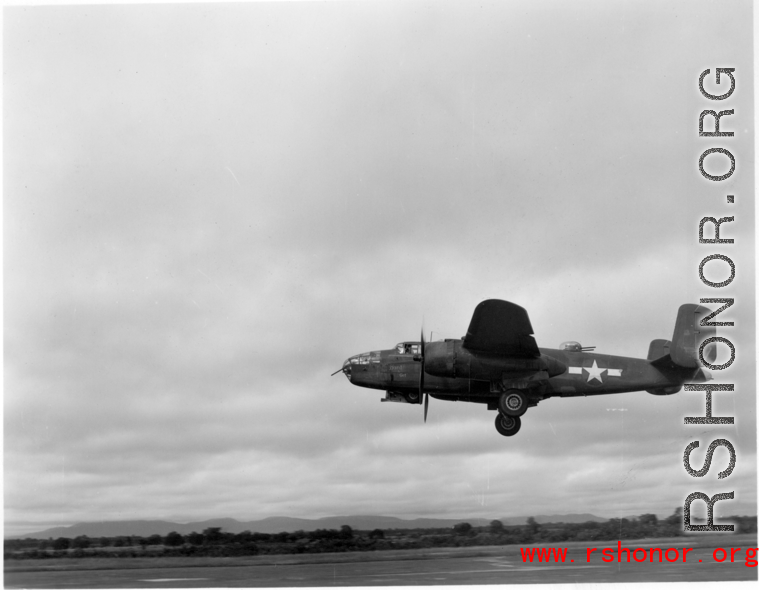 B-25 Mitchell bombers take off from an airstrip, possibly Yangkai (Yangjie) air strip in Yunnan province, China.